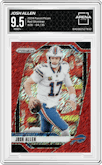 Josh Allen from the 2024 Panini Prizm set featuring a Red Shimmer parallel graded by Arena Club and given an overall grade of 9.5.