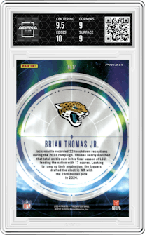 Brian Thomas Jr. from the 2024 Panini Prizm set graded by Arena Club and given an overall grade of 9.5.