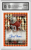 Jerry Rice from the 2024 Topps Chrome set featuring a Orange Geometric Refractor parallel graded by Arena Club and given an overall grade of 10.