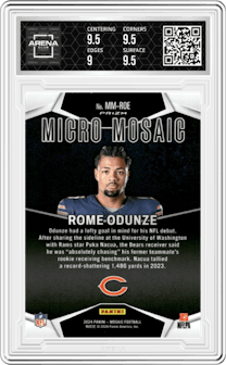 Rome Odunze	 from the 2024 Panini Mosaic set graded by Arena Club and given an overall grade of 9.5.