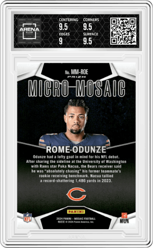 Rome Odunze	 from the 2024 Panini Mosaic set graded by Arena Club and given an overall grade of 9.5.