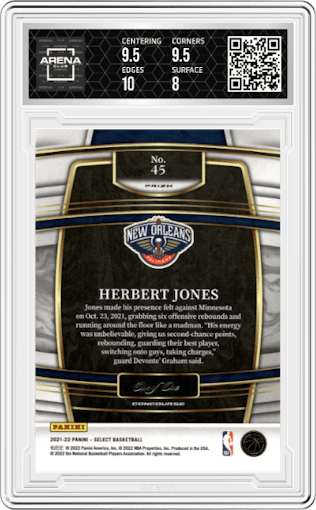 Herbert Jones from the 2021-22 Panini Select set featuring a Black Shimmer parallel graded by Arena Club and given an overall grade of 8.5.