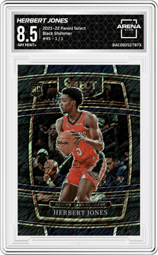 Herbert Jones from the 2021-22 Panini Select set featuring a Black Shimmer parallel graded by Arena Club and given an overall grade of 8.5.