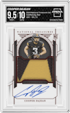 Cooper DeJean from the 2024 Panini National Treasures Collegiate set featuring a Red parallel graded by Arena Club and given an overall grade of 9.5.
