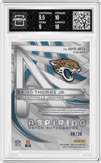Brian Thomas Jr. from the 2024 Panini Spectra set featuring a Purple Neon parallel and given an overall grade of 9.5.