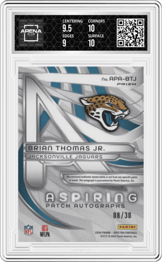 Brian Thomas Jr. from the 2024 Panini Spectra set featuring a Purple Neon parallel graded by Arena Club and given an overall grade of 9.5.