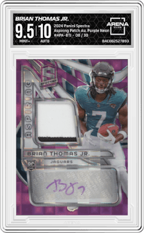 Brian Thomas Jr. from the 2024 Panini Spectra set featuring a Purple Neon parallel and given an overall grade of 9.5.