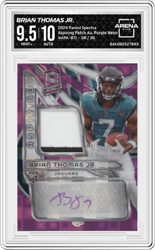 Brian Thomas Jr. from the 2024 Panini Spectra set featuring a Purple Neon parallel graded by Arena Club and given an overall grade of 9.5.
