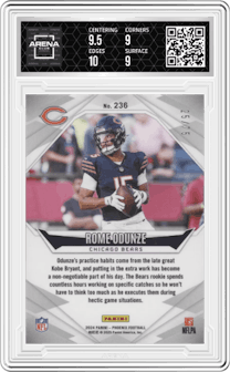 Rome Odunze  from the 2024 Panini Phoenix set featuring a Bronze parallel graded by Arena Club and given an overall grade of 9.5.