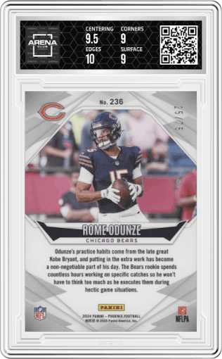 Rome Odunze  from the 2024 Panini Phoenix set featuring a Bronze parallel graded by Arena Club and given an overall grade of 9.5.