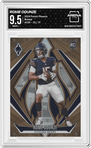 Rome Odunze  from the 2024 Panini Phoenix set featuring a Bronze parallel graded by Arena Club and given an overall grade of 9.5.