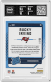 Bucky Irving from the 2024 Donruss set featuring a Purple parallel graded by Arena Club and given an overall grade of 9.5.