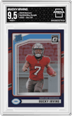 Bucky Irving from the 2024 Donruss set featuring a Purple parallel graded by Arena Club and given an overall grade of 9.5.