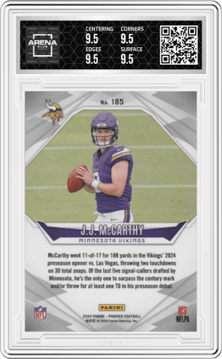 J.J. McCarthy from the 2024 Panini Phoenix set featuring a Pandora parallel graded by Arena Club and given an overall grade of 9.5.
