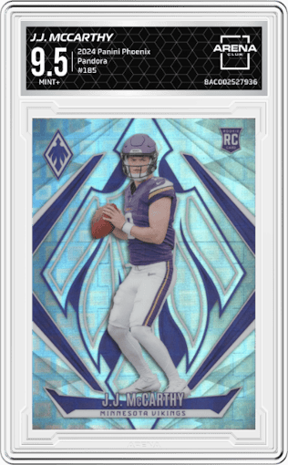 J.J. McCarthy from the 2024 Panini Phoenix set featuring a Pandora parallel graded by Arena Club and given an overall grade of 9.5.