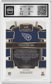 Tyjae Spears from the 2023 Panini Select set featuring a Green Prizm parallel graded by Arena Club and given an overall grade of 10.