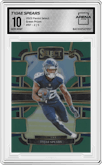 Tyjae Spears from the 2023 Panini Select set featuring a Green Prizm parallel graded by Arena Club and given an overall grade of 10.