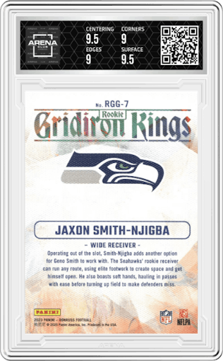 Jaxon Smith-Njigba from the 2023 Panini Donruss set featuring a Studio Series parallel graded by Arena Club and given an overall grade of 9.5.