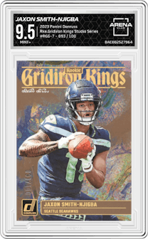 Jaxon Smith-Njigba from the 2023 Panini Donruss set featuring a Studio Series parallel graded by Arena Club and given an overall grade of 9.5.