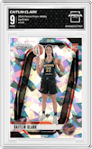 Caitlin Clark from the 2024 Panini Prizm WNBA set featuring a Ice Prizm parallel graded by Arena Club and given an overall grade of 9.