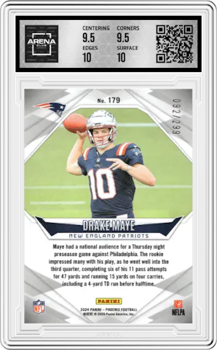 Drake Maye from the 2024 Panini Phoenix set featuring a Team Logo parallel graded by Arena Club and given an overall grade of 10.