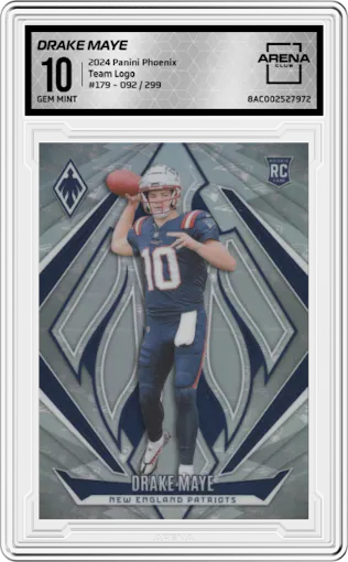 Drake Maye from the 2024 Panini Phoenix set featuring a Team Logo parallel graded by Arena Club and given an overall grade of 10.