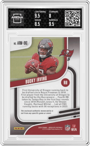 Bucky Irving from the 2024 Panini Absolute set featuring a Gold  parallel graded by Arena Club and given an overall grade of 8.5.