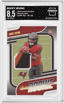 Bucky Irving from the 2024 Panini Absolute set featuring a Gold  parallel graded by Arena Club and given an overall grade of 8.5.