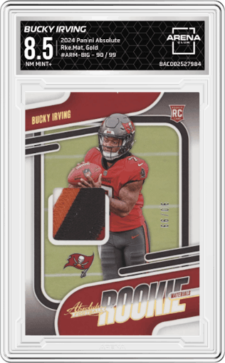 Bucky Irving from the 2024 Panini Absolute set featuring a Gold  parallel graded by Arena Club and given an overall grade of 8.5.