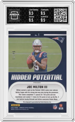 Joe Milton III from the 2024 Donruss Optic set graded by Arena Club and given an overall grade of 9.5.