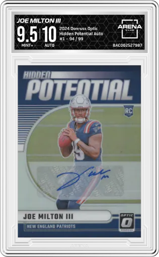 Joe Milton III from the 2024 Donruss Optic set graded by Arena Club and given an overall grade of 9.5.