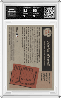 Corbin Carroll from the 2024 Bowman set graded by Arena Club and given an overall grade of 9.5.