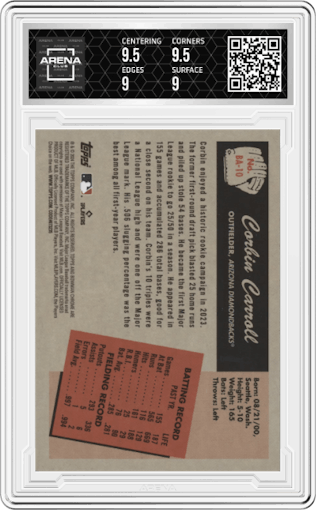 Corbin Carroll from the 2024 Bowman set graded by Arena Club and given an overall grade of 9.5.
