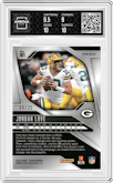 Jordan Love from the 2024 Panini Prizm set featuring a Blue Shimmer parallel graded by Arena Club and given an overall grade of 9.5.