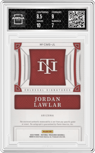 Jordan Lawlar from the 2023 Panini National Treasures set graded by Arena Club and given an overall grade of 7.5.