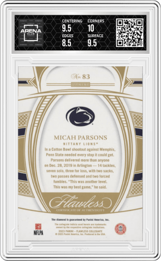Micah Parsons from the 2023 Panini Flawless Collegiate set graded by Arena Club and given an overall grade of 9.