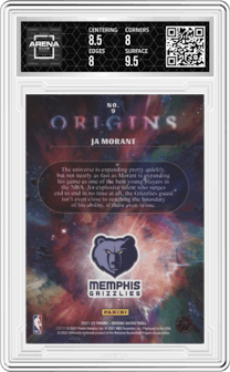 Ja Morant from the 2021-22 Panini Origins set graded by Arena Club and given an overall grade of 8.5.