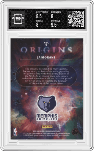 Ja Morant from the 2021-22 Panini Origins set graded by Arena Club and given an overall grade of 8.5.