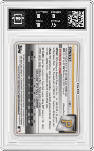 Nick Gonzales from the 2020 Bowman Draft set graded by Arena Club and given an overall grade of 8.