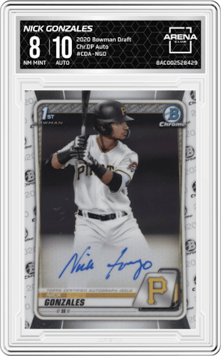 Nick Gonzales from the 2020 Bowman Draft set graded by Arena Club and given an overall grade of 8.
