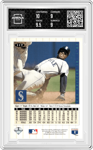 Ken Griffey Jr. from the 1994 Upper Deck Collector’s Choice set graded by Arena Club and given an overall grade of 9.5.