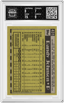 Randy Johnson from the 1990 Topps set graded by Arena Club and given an overall grade of 7.5.