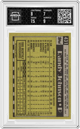 Randy Johnson from the 1990 Topps set graded by Arena Club and given an overall grade of 7.5.