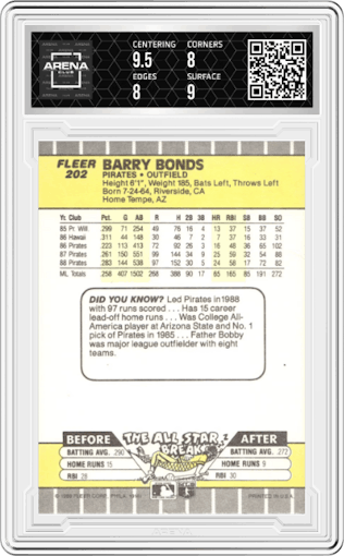 Barry Bonds from the 1989 Fleer set graded by Arena Club and given an overall grade of 8.5.