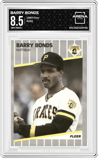 Barry Bonds from the 1989 Fleer set graded by Arena Club and given an overall grade of 8.5.