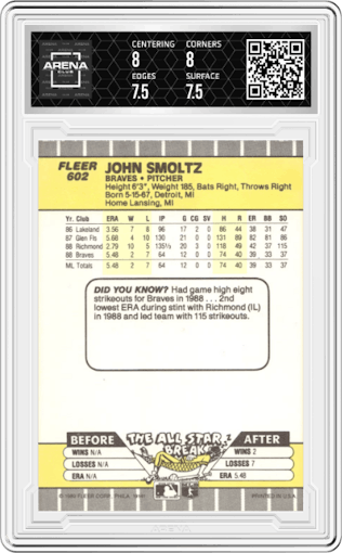 John Smoltz from the 1989 Fleer set graded by Arena Club and given an overall grade of 8.