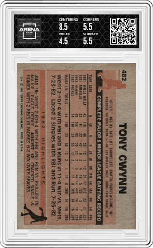 Tony Gwynn from the 1983 Topps set graded by Arena Club and given an overall grade of 5.