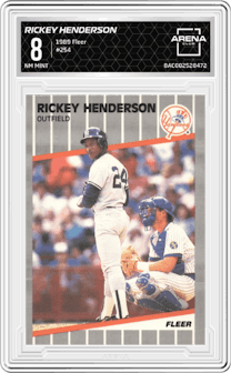 Rickey Henderson from the 1989 Fleer set graded by Arena Club and given an overall grade of 8.