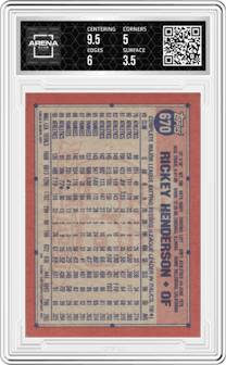 Rickey Henderson from the 1991 Topps set graded by Arena Club and given an overall grade of 4.