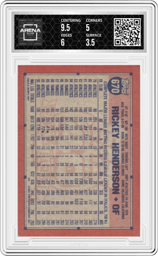 Rickey Henderson from the 1991 Topps set graded by Arena Club and given an overall grade of 4.